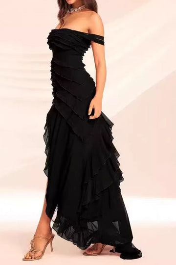 Off Shoulder Ruched Ruffle Maxi Dress