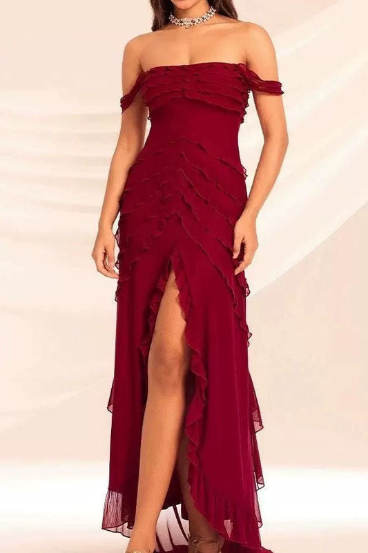 Off Shoulder Ruched Ruffle Maxi Dress