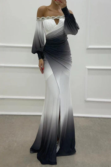 Ombre Off Shoulder Ruched Maxi Dress