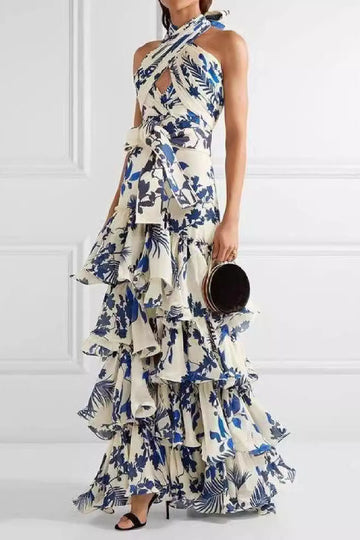 Halter Floral Tiered Ruffle Maxi Dress
