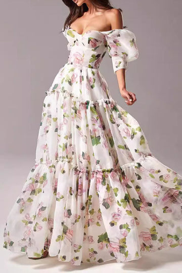 Off Shoulder Puff Sleeve Maxi Dress