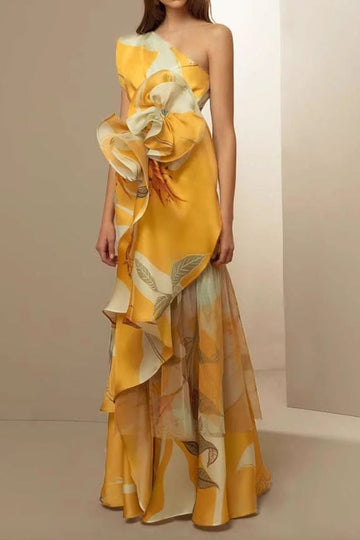 One Shoulder Statement Ruffle Maxi Dress