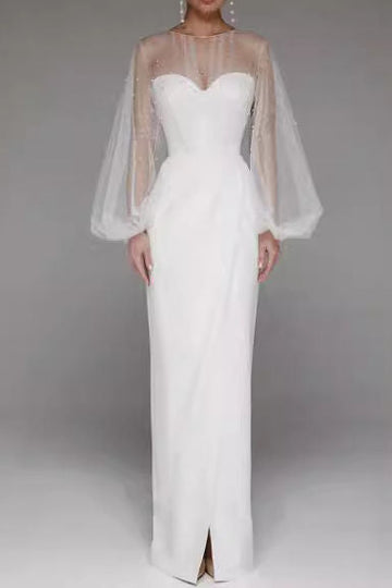 Sheer Lantern Sleeve Evening Dress