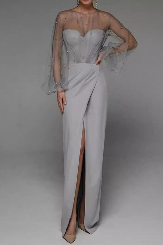 Sheer Lantern Sleeve Evening Dress