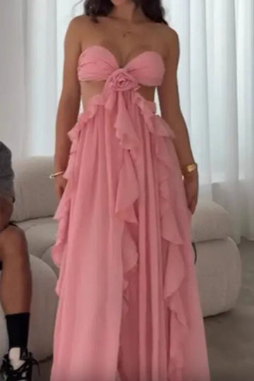 Strapless Tie Front Ruffle Maxi Dress