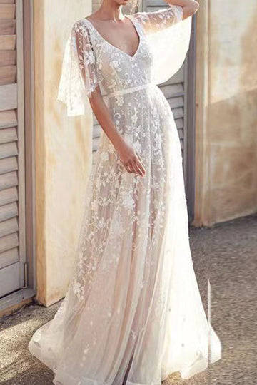 Deep V Lace Sleeve Maxi Dress