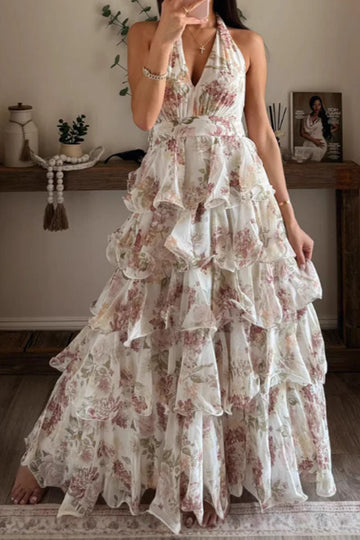 Floral Halter Tiered Maxi Dress