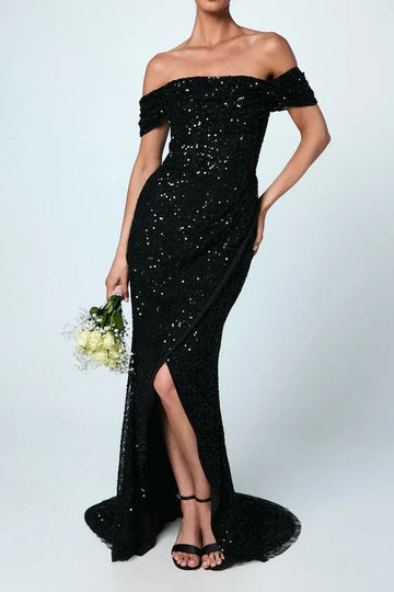Off Shoulder Sequin Slit Evening Dress