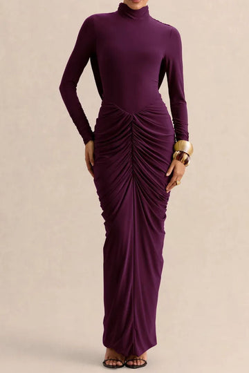 Mock Neck Ruched Slim Maxi Dress