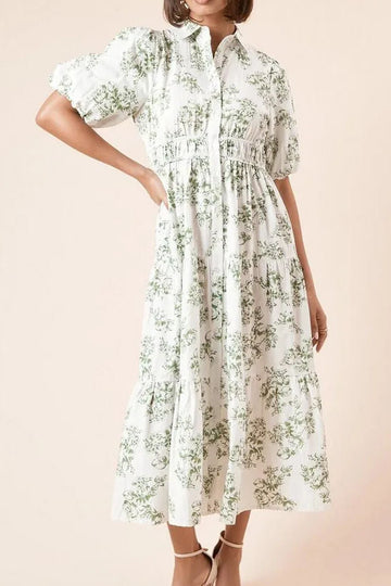 Botanical Print Puff Sleeve Tiered Shirt Dress