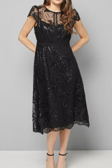 Sequin Lace Illusion Cap Sleeve Midi Dress