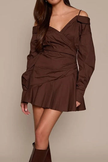 Off Shoulder Ruched Asymmetric Ruffle Mini Dress