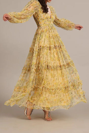 Floral Chiffon Balloon Sleeve Tiered Maxi Dress