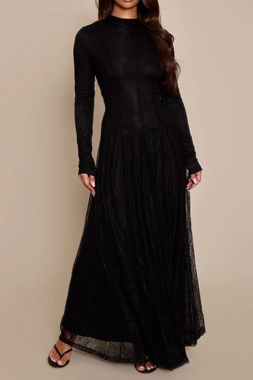 High Neck Sheer Overlay Pleated Maxi Dress