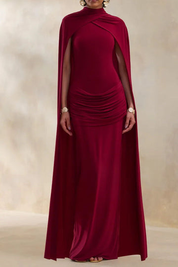High Neck Draped Cape Sleeve Maxi Gown