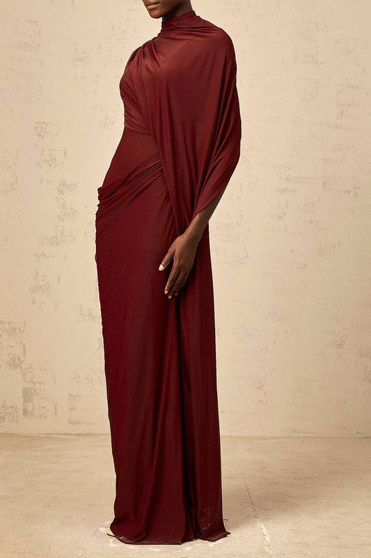Asymmetric Cape Sleeve Ruched Maxi Dress