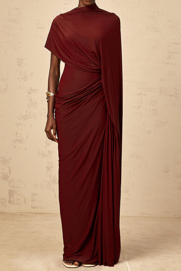 Asymmetric Cape Sleeve Ruched Maxi Dress
