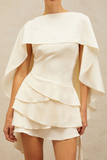 Satin Ruffled Mini Dress with Shawl Panel
