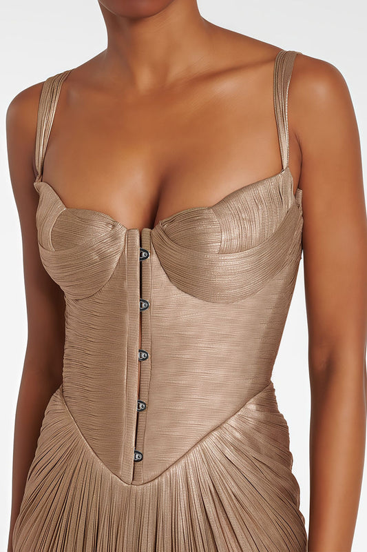 Glossy Pleated Corset Maxi Dress