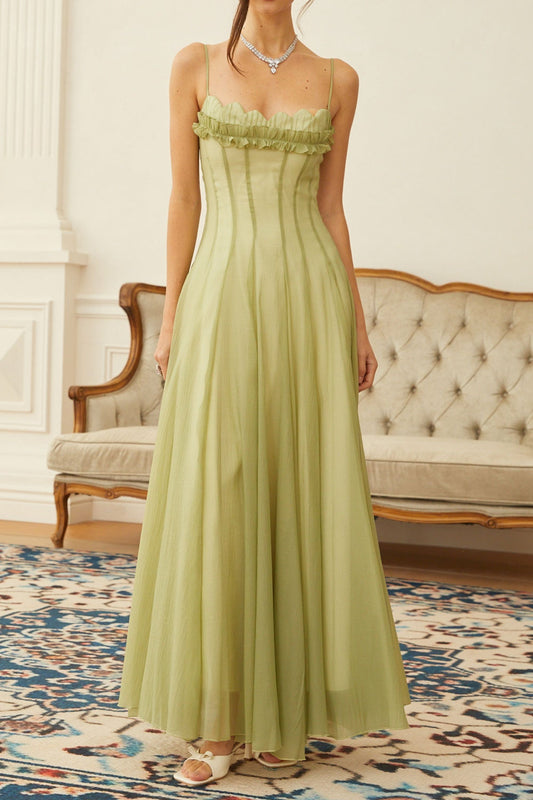 Ruffled Shirred Tulle Corset Maxi Dress