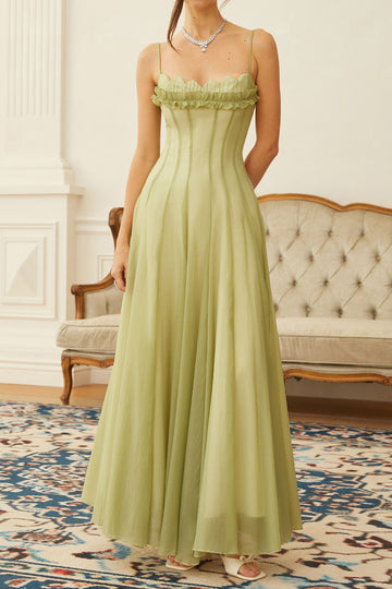 Ruffled Shirred Tulle Corset Maxi Dress