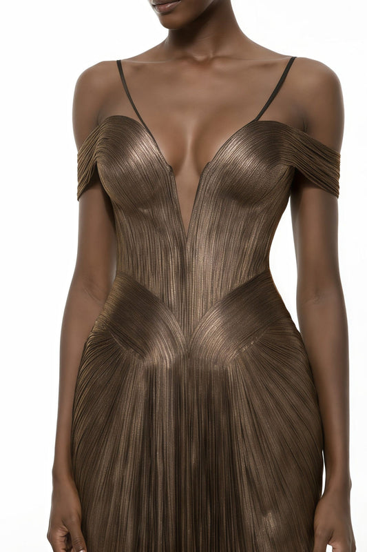 Off Shoulder Draped Satin Maxi Dress