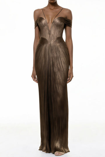Off Shoulder Draped Satin Maxi Dress