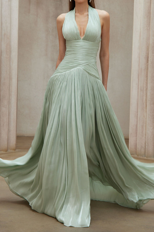 Plunging Halter Gathered Waist Maxi Dress