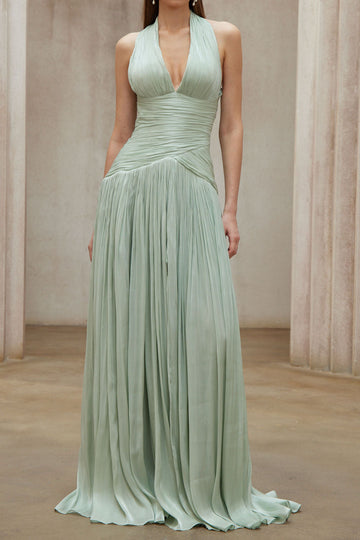 Plunging Halter Gathered Waist Maxi Dress
