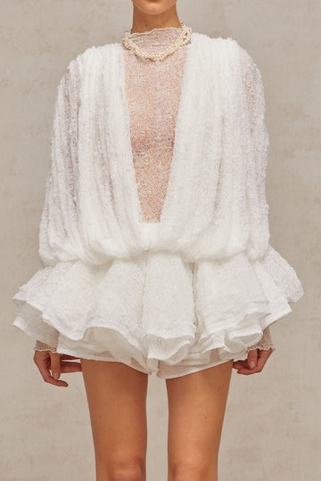 Semi Sheer Lace Ruffled Three Piece Set