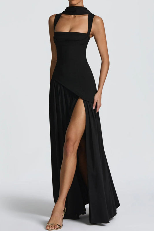 Scarf Neck Asymmetric Gathered Maxi Gown