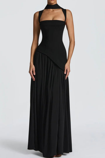 Scarf Neck Asymmetric Gathered Maxi Gown