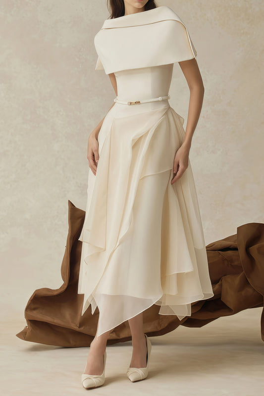 Asymmetric Shawl Layered Tulle Midi Dress Set