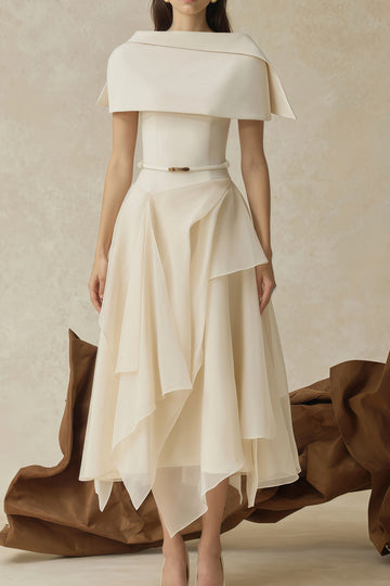 Asymmetric Shawl Layered Tulle Midi Dress Set
