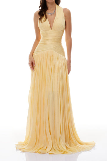 Plunging Halter Gathered Drop Waist Maxi Dress