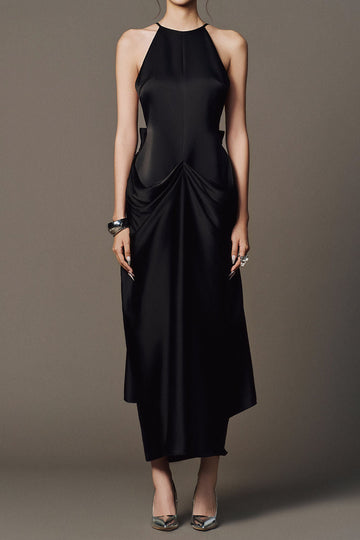 Halter Neck Draped Pocket Satin Midi Dress