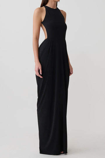 High Neck Low Back Draped Maxi Dress