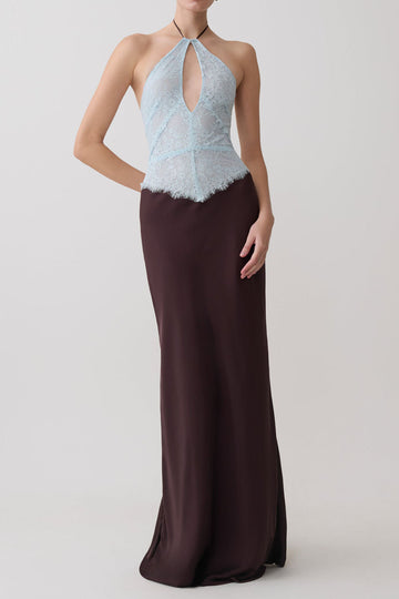 Lace Halter Keyhole Satin Maxi Dress
