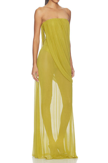 Strapless Draped Sheer Panel Maxi Gown