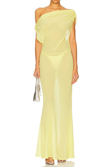 Off Shoulder Draped Sheer Maxi Dress