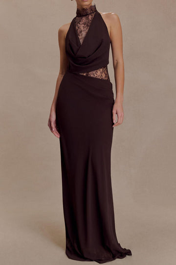 Lace Panel Draped Halter Maxi Dress