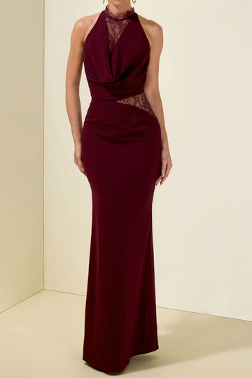 Lace Panel Draped Halter Maxi Dress