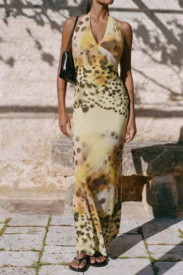 Floral Leopard Chiffon Halter Maxi Dress