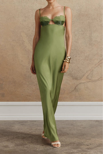 Embellished Bust Cutout Satin Maxi Dress