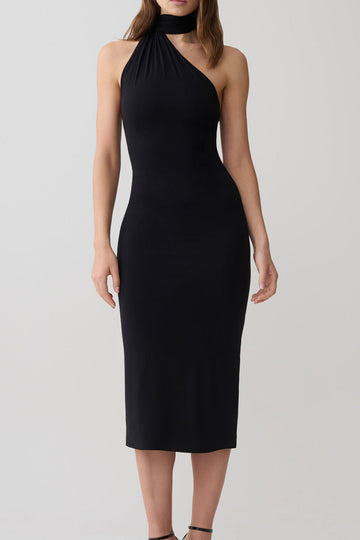 Asymmetric Scarf Neck Fitted Midi Dress