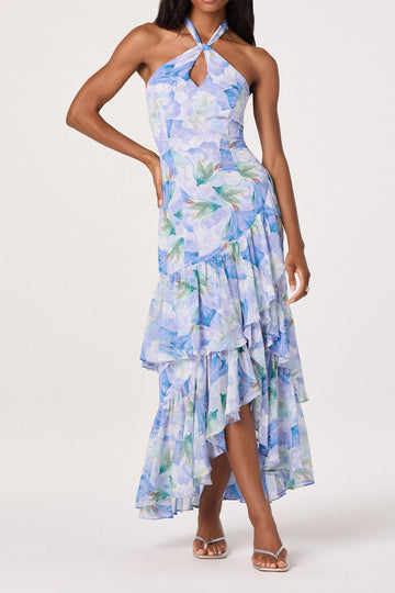 Floral Halter Ruffle High-Low Maxi Dress