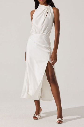High Neck Draped Satin Slit Midi Dress