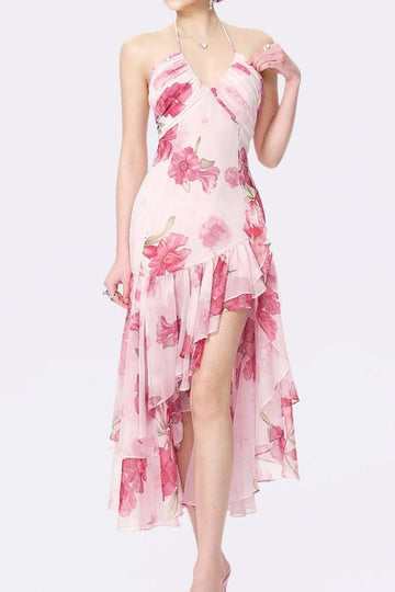 Floral Halter Ruffle High-Low Midi Dress