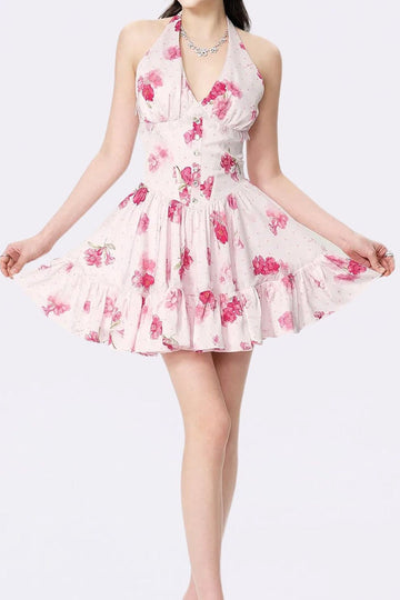 Floral Halter Tiered Ruffle Mini Dress