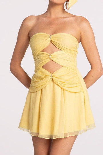 Strapless Cutout Ruched Chiffon Mini Dress